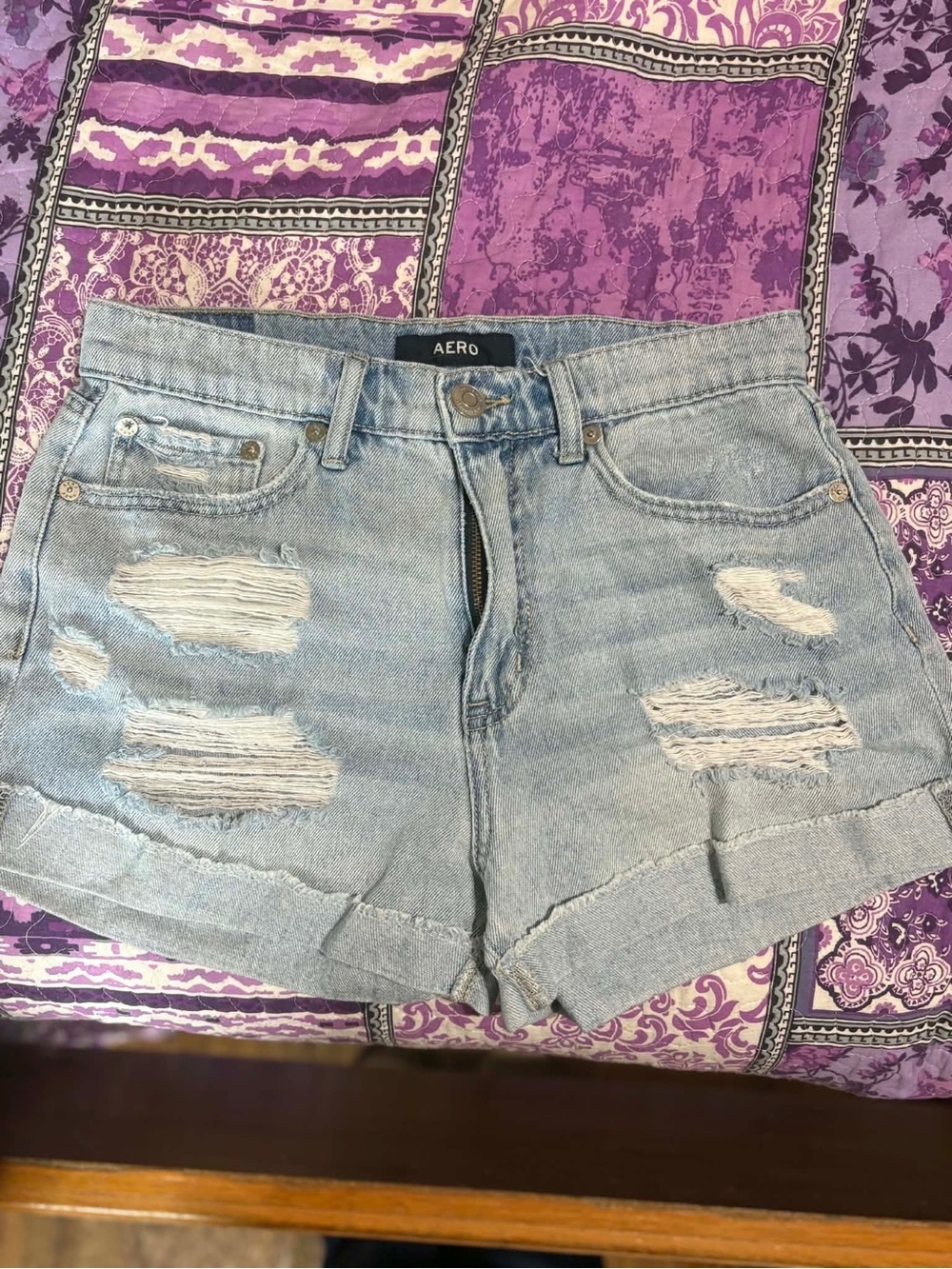 Aero Light Blue “Mom”Distressed Denim Shorts Size 6